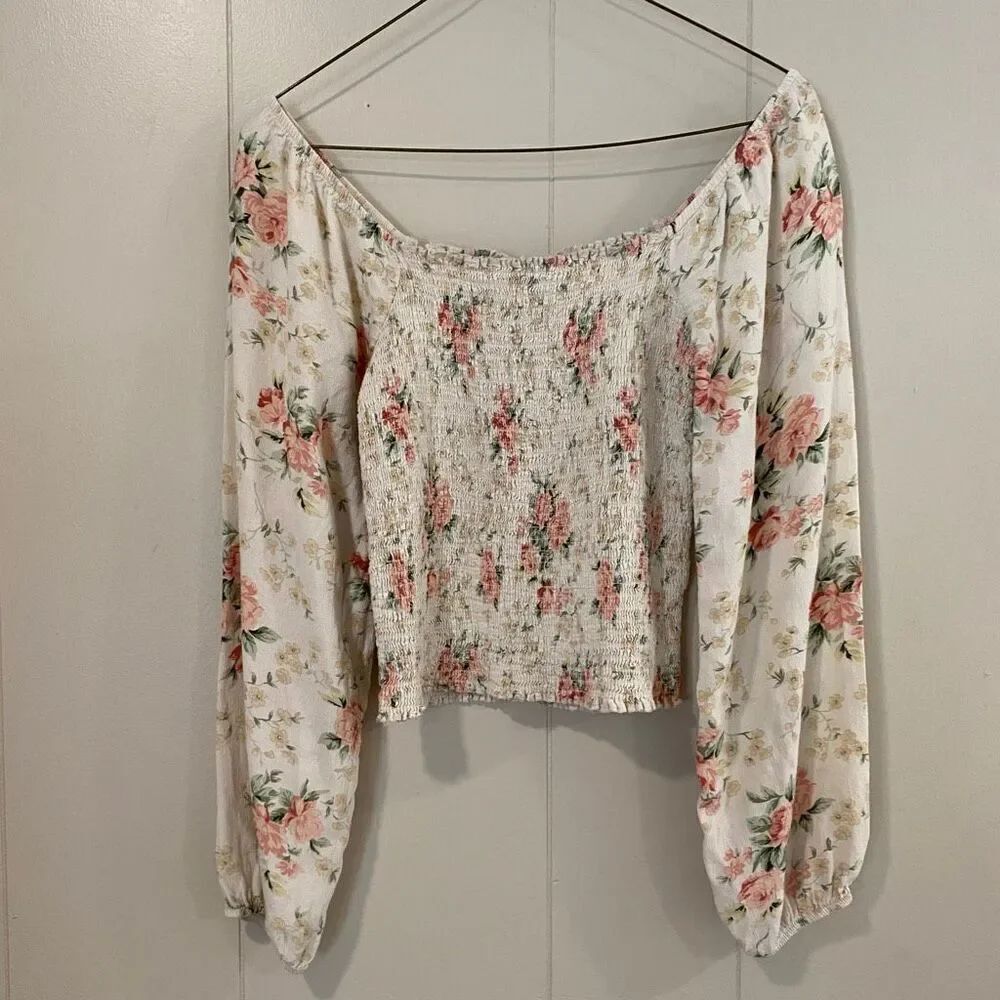 American Eagle Floral Smocked Peasant Top S | Boho Long Sleeve Square Neck Blous